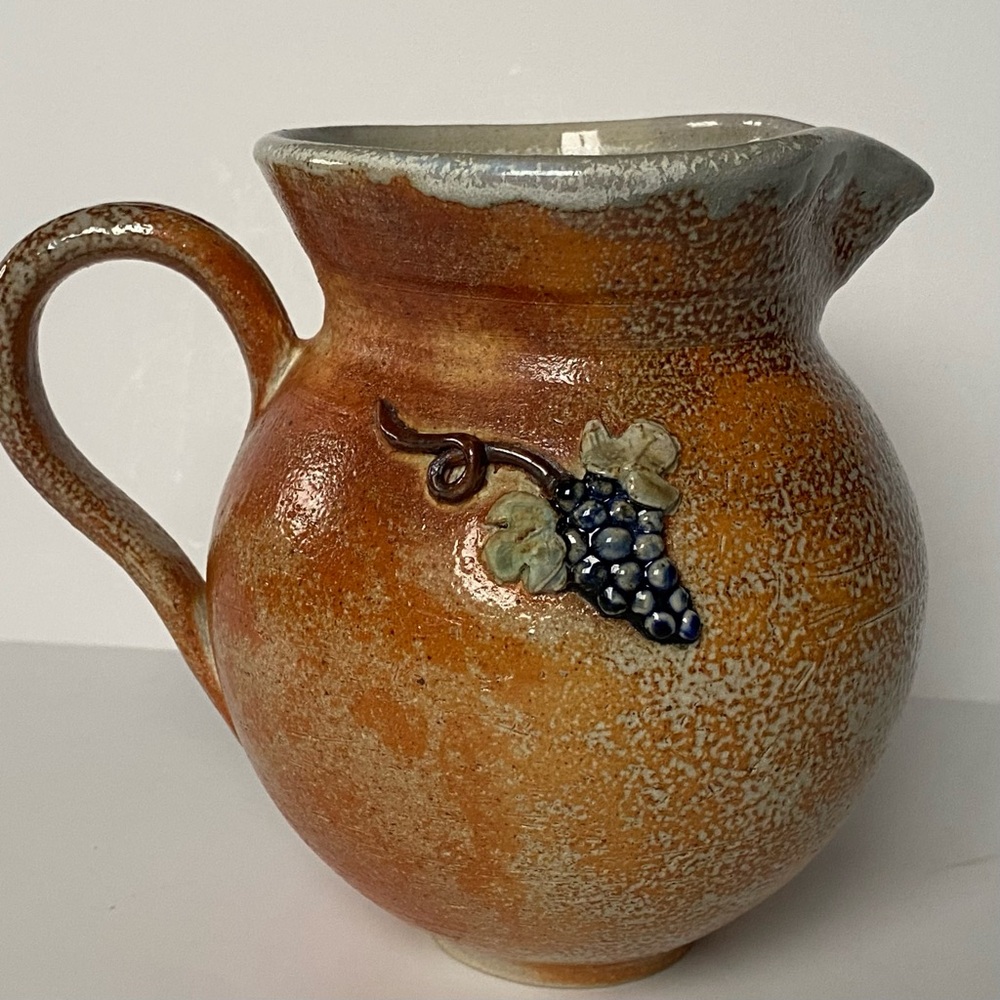 Pottery Pitcher Embossed Grapes Hand Thrown Farmhouse Primitive EUC Brown Fruit